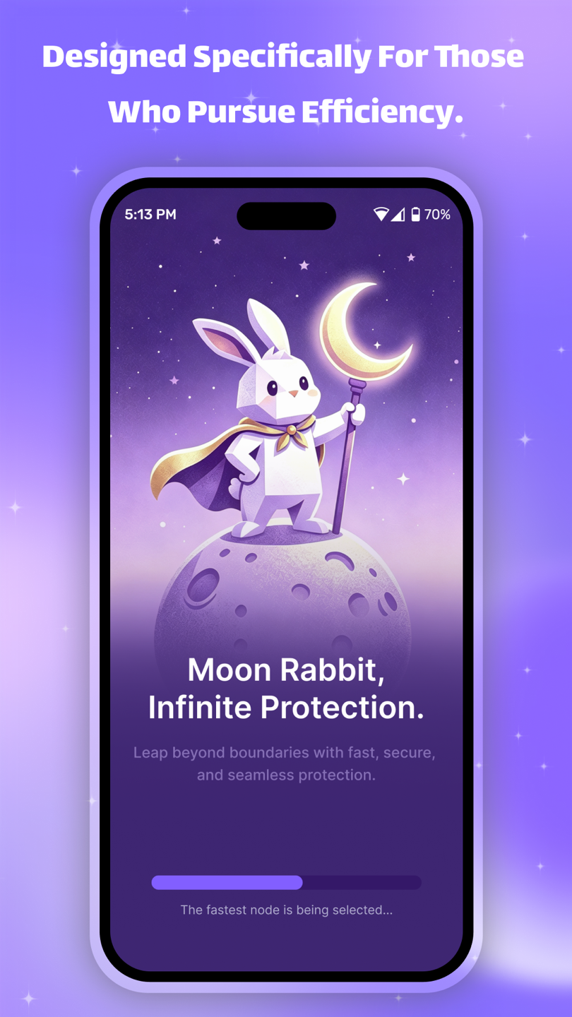 Moon Rabbit VPN launch screen with a rabbit holding a crescent moon staff