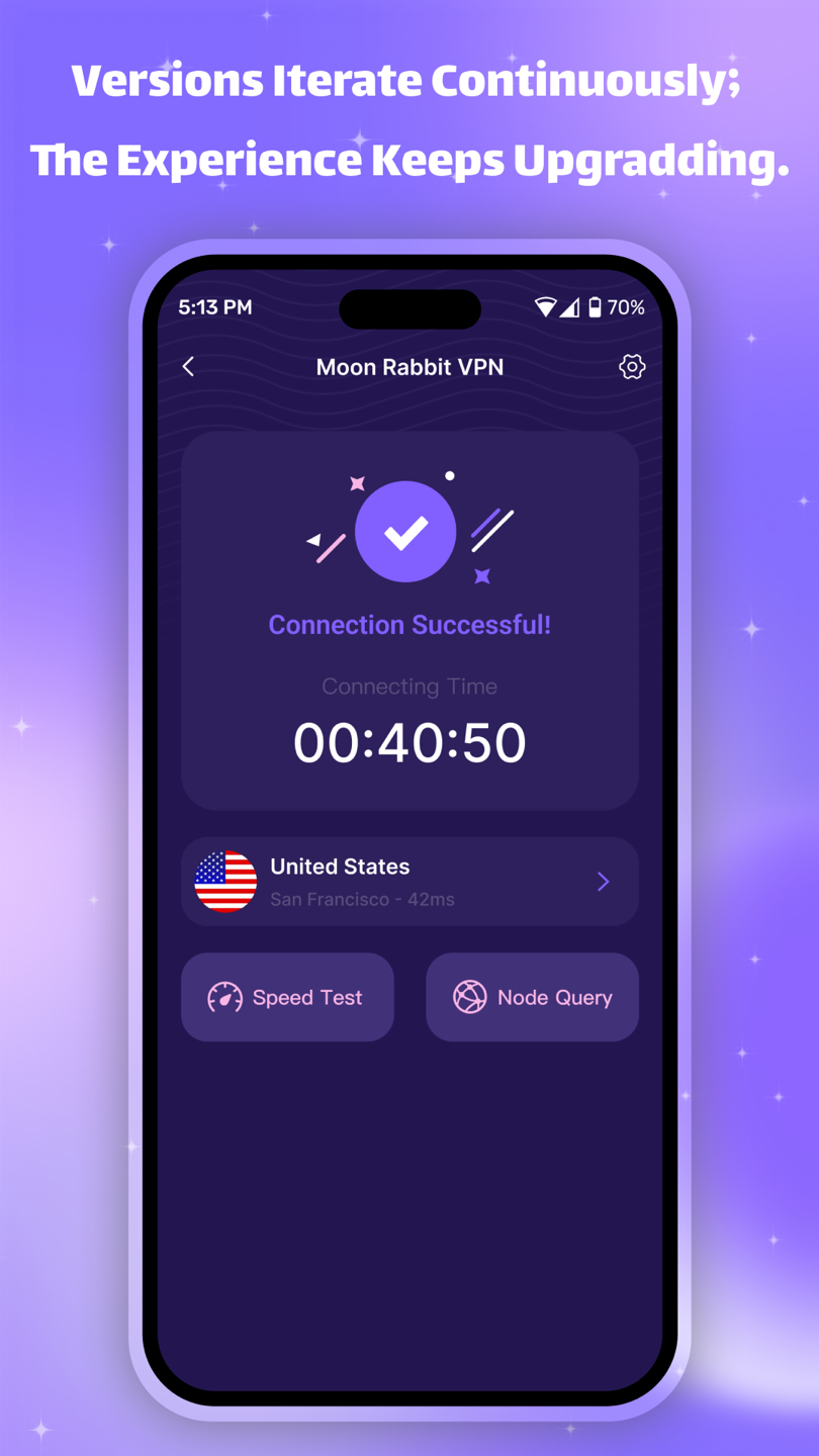 Successful connection screen with speed test and node query actions