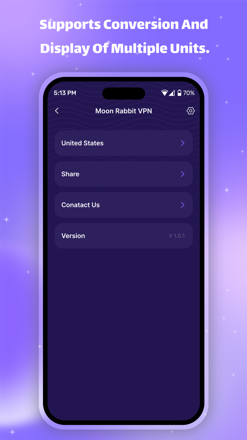 Settings screen with share, contact, and version information